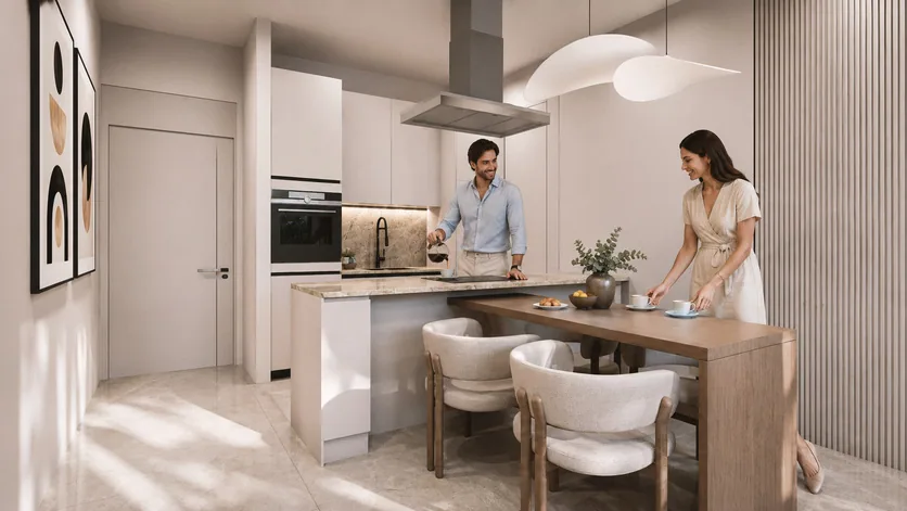מטבח ופינת אוכל בדירת Coast View Residence