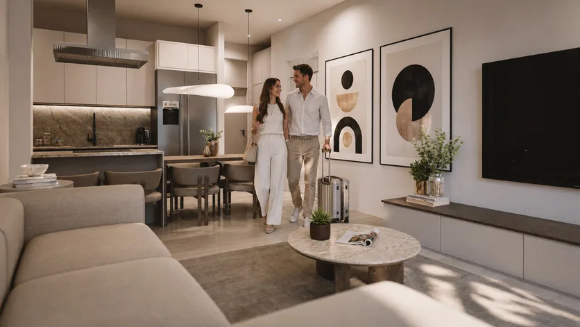 סלון עם קיר טלוויזיה בדירת Coast View Residence